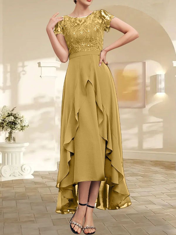 Vestido de novia asimétrico de gasa con encaje, corte en A, escote ilusión, detalle de lazo, volantes y lentejuelas para la madre de la novia 