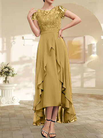 A-line Scoop Illusion Asymmetrical Chiffon Lace Mother of the Bride Dress With Bow Ruffle Sequins