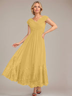 Vestido de gasa de corte evasé, escote en V, largo hasta el tobillo, para la madre de la novia, con apliques de lentejuelas. 