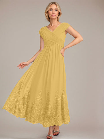 A-line V-Neck Ankle-Length Chiffon Mother of the Bride Dress With Applique Sequins