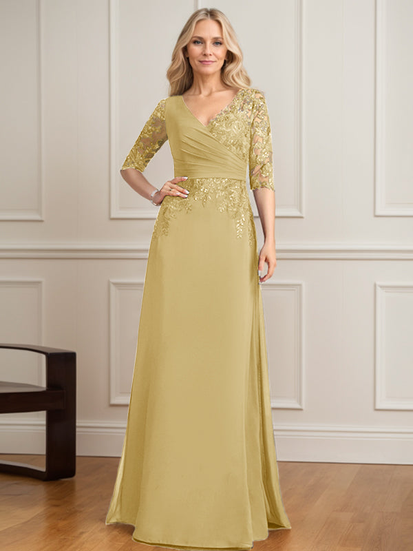 Robe de mère de la mariée en mousseline de dentelle, coupe trapèze, col en V, longueur au sol, ornée de sequins plissés 
