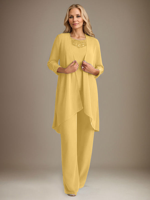 Tailleur-pantalon en mousseline à manches longues et col rond pour la mère de la mariée, avec veste 