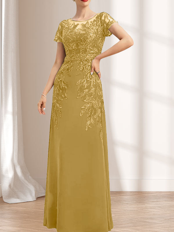 Vestido de novia de corte recto/columna, escote redondo, ilusión, largo hasta el suelo, de encaje y gasa con lentejuelas.