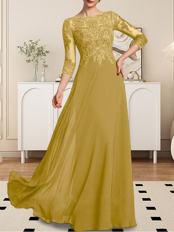 Vestido de novia de corte línea A, escote redondo, largo hasta el suelo, de encaje y gasa con lentejuelas.
