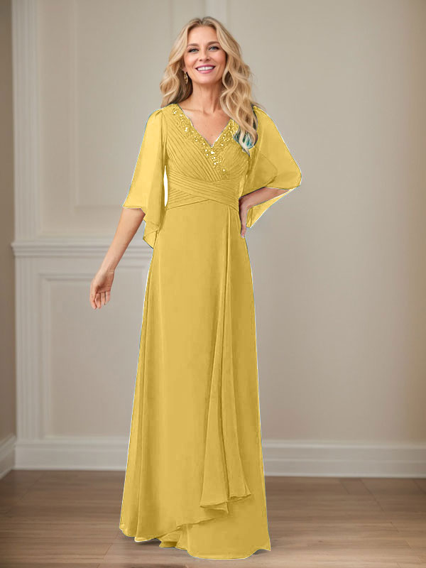 Robe de mère longue en mousseline à sequins, coupe trapèze et col en V
