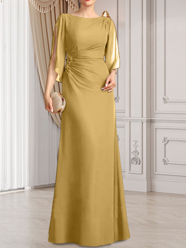 Vestido de corte recto/columna, largo hasta el suelo, de gasa, para la madre de la novia, con plisados ​​y cuentas.
