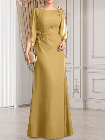 Robe fourreau/colonne longue en mousseline pour la mère de la mariée, ornée de perles plissées.