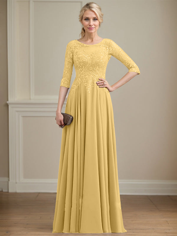 Robe de mère de la mariée en mousseline de dentelle, coupe trapèze, décolleté illusion, longueur au sol, ornée de sequins 