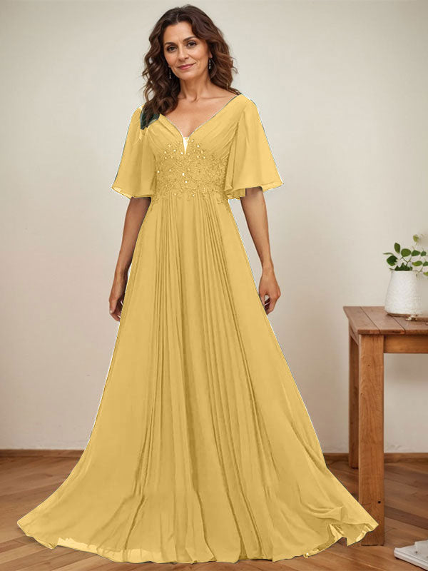 Vestido de corte A, escote en V, largo hasta el suelo, de gasa, para la madre de la novia, con apliques de lentejuelas y encaje plisado. 