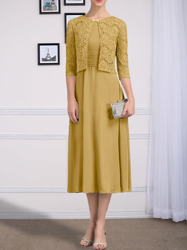 Vestido de chifón de corte línea A, largo té, para la madre de la novia, con escote redondo y pliegues.