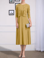 Vestido de chifón de corte línea A, largo té, para la madre de la novia, con escote redondo y pliegues.