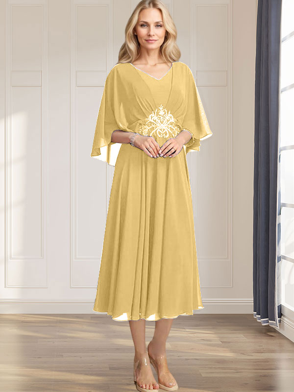 Vestido de corte A, escote en V, largo té, de gasa, para la madre de la novia, con apliques de lentejuelas plisadas, encaje y cuentas. 