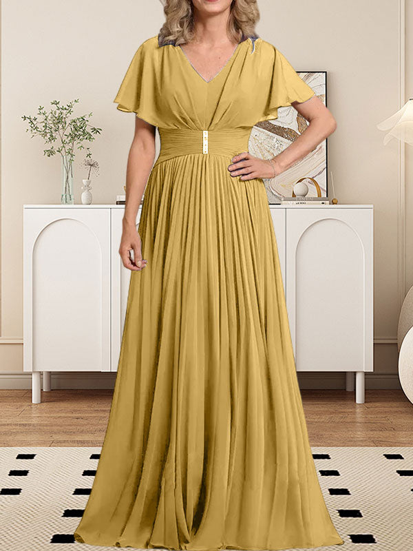 Vestido de gasa de corte A, escote en V, largo hasta el suelo, para la madre de la novia, con broche de cristal y pliegues. 