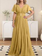 Vestido de gasa de corte A, escote en V, largo hasta el suelo, para la madre de la novia, con broche de cristal y pliegues. 