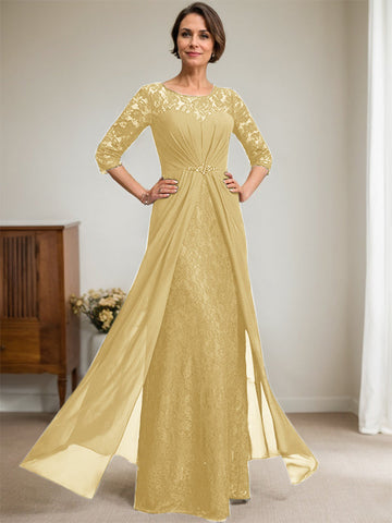 Vestido de novia de corte línea A, escote redondo ilusión, largo hasta el suelo, de gasa de encaje con volantes y pedrería. 