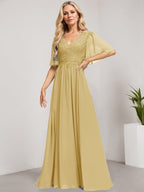 Vestido de novia de corte A, escote en V, largo hasta el suelo, de gasa de encaje con lentejuelas para la madre de la novia 