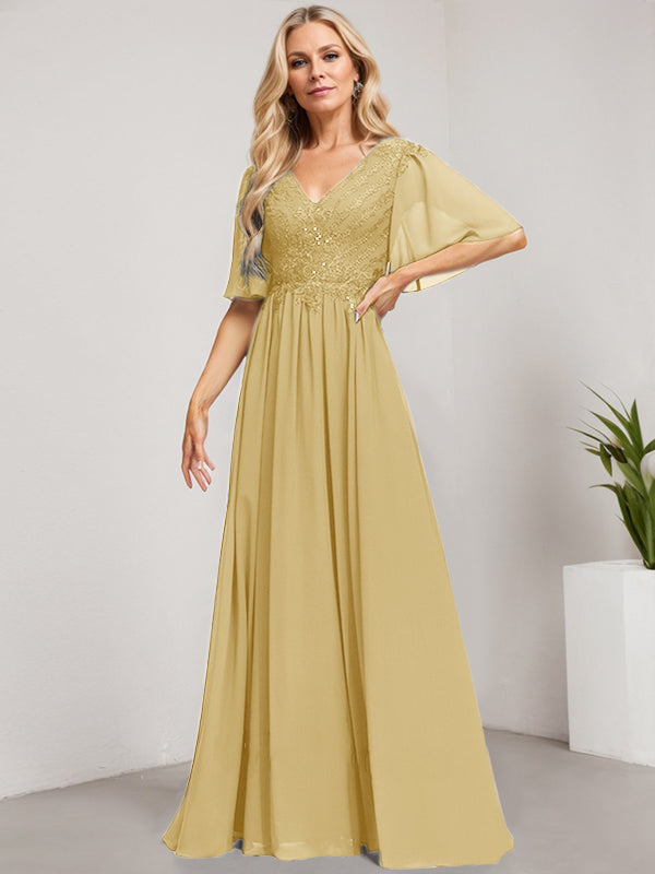 Vestido de novia de corte A, escote en V, largo hasta el suelo, de gasa de encaje con lentejuelas para la madre de la novia 