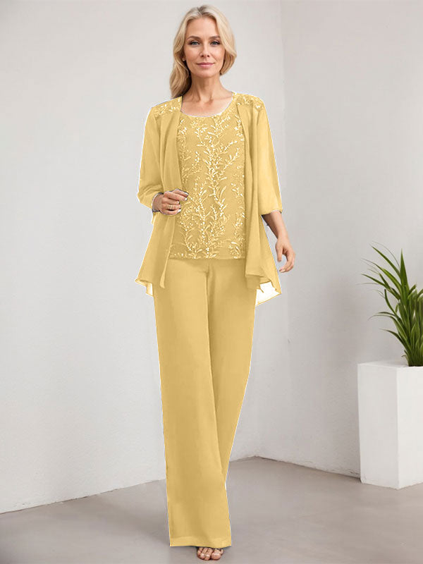 Vestido de novia de gasa con encaje y lentejuelas, estilo mono/pantalón, largo hasta el suelo, con escote redondo.