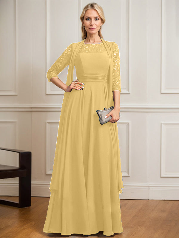 Vestido de novia de corte A, escote redondo ilusión, largo hasta el suelo, de gasa de encaje con pliegues. 