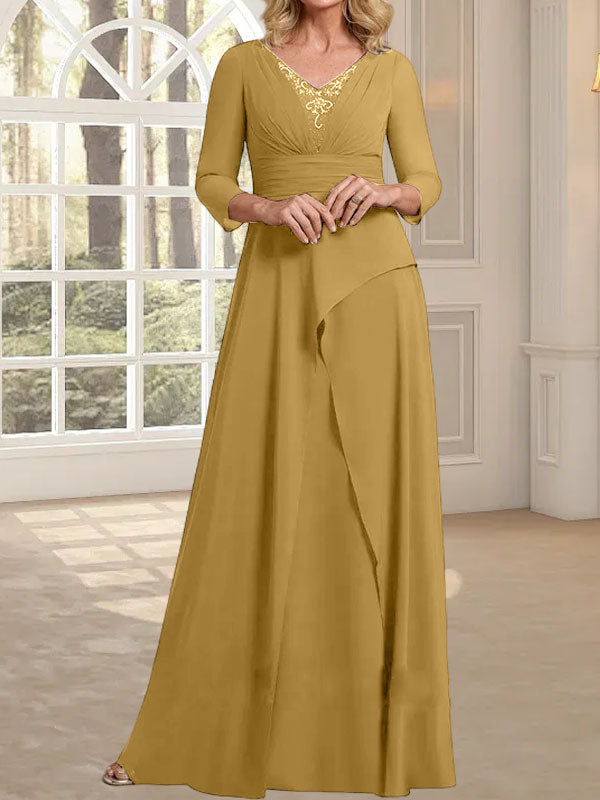 Vestido de gasa de corte A, escote en V, largo hasta el suelo, para la madre de la novia, con plisados ​​y cuentas.