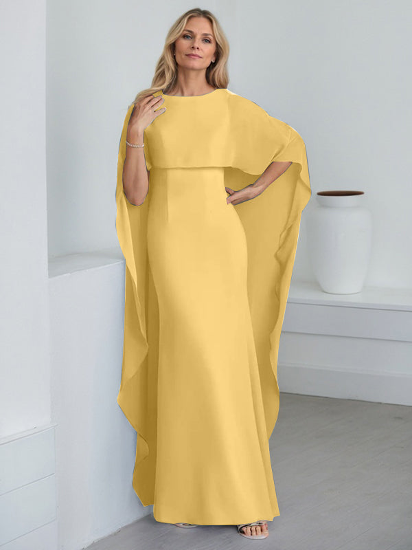 Robe fourreau longue en mousseline de soie pour la mère de la mariée, ornée de volants cascade, avec décolleté arrondi. 