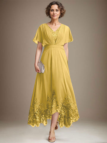 A-line V-Neck Asymmetrical Lace Chiffon Mother of the Bride Dress With Pleated