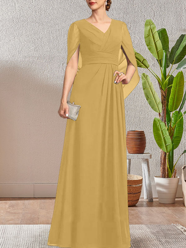Vestido largo azul marino oscuro de corte A con escote en V para la madre de la novia