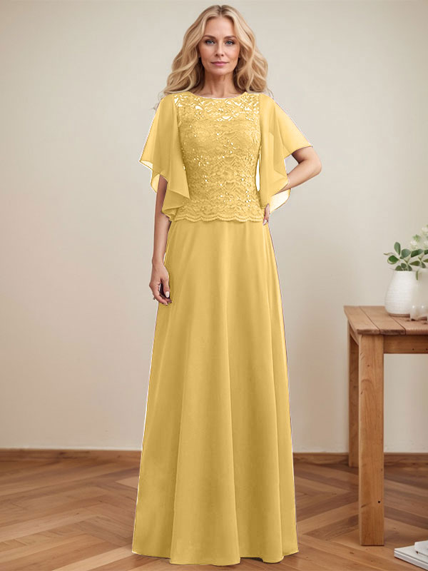 Vestido de novia de corte A, escote redondo, ilusión, largo hasta el suelo, de encaje y gasa con lentejuelas. 