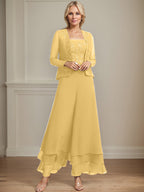 Conjunto de pantalón y chaqueta de dos piezas, corte cuadrado, largo hasta el tobillo, encaje, gasa, vestido de madre de la novia con lentejuelas 