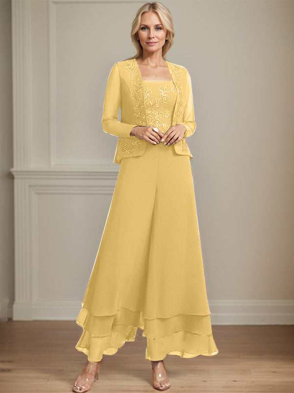 Conjunto de pantalón y chaqueta de dos piezas, corte cuadrado, largo hasta el tobillo, encaje, gasa, vestido de madre de la novia con lentejuelas 