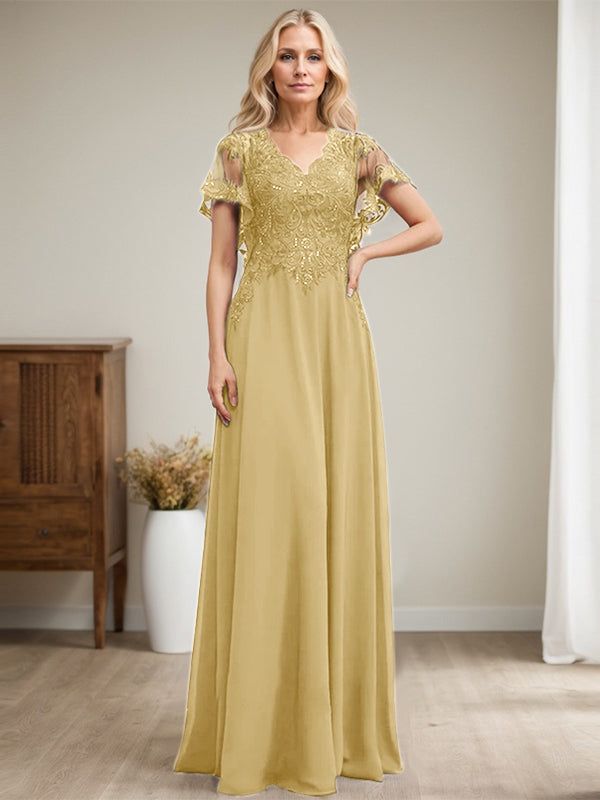 Vestido de novia de corte A, escote en V, largo hasta el suelo, de gasa de encaje con lentejuelas para la madre de la novia 