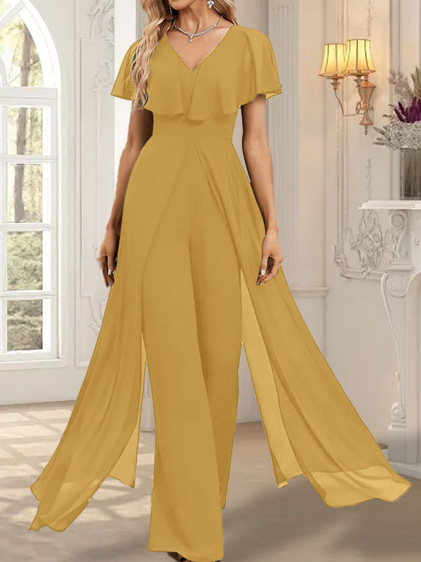 Combinaison-pantalon robe de soirée longue en mousseline à col en V