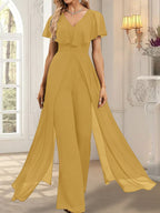 Combinaison-pantalon robe de soirée longue en mousseline à col en V