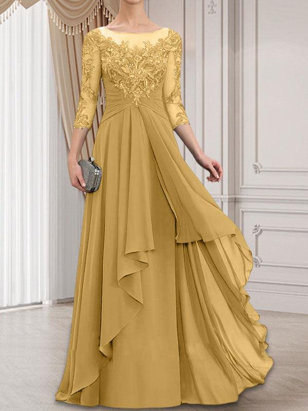 Robe de mariée en mousseline de dentelle, coupe trapèze, décolleté illusion, longueur au sol, avec volants cascade, idéale pour la mère de la mariée.