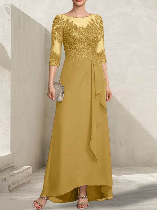 Vestido de madrina de la novia, corte asimétrico, escote ilusión, encaje y gasa, con lentejuelas y volantes en cascada.