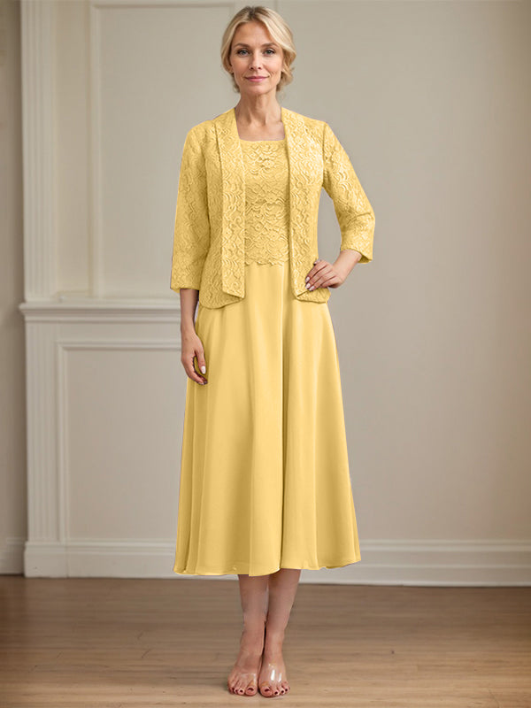 Vestido de corte A con escote redondo y largo hasta la rodilla en gasa de encaje para la madre de la novia 