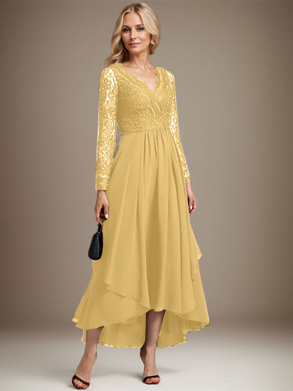 Vestido de novia de gasa con encaje asimétrico, escote en V y corte en A para la madre de la novia 
