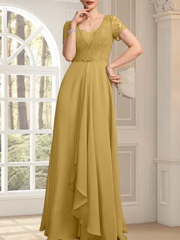Vestido de corte A, escote corazón, largo hasta el suelo, de gasa, encaje, con cuentas y volantes en cascada para la madre de la novia.