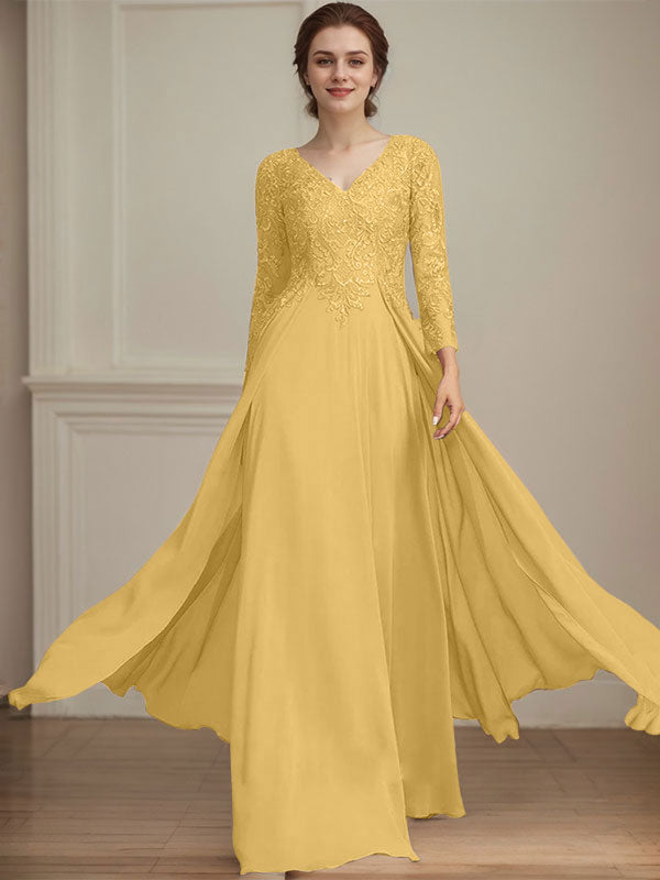 Robe de mère de la mariée en mousseline de dentelle, coupe trapèze, col en V, longueur au sol, ornée de sequins 