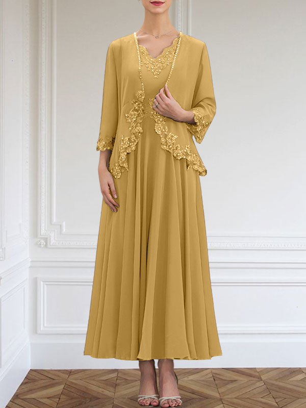 Vestido de corte A, escote en V, largo hasta el tobillo, de gasa, para la madre de la novia, con apliques de lentejuelas, encaje y pedrería.
