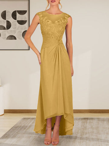 Champagne A-Line Scoop Lace Chiffon Dress
