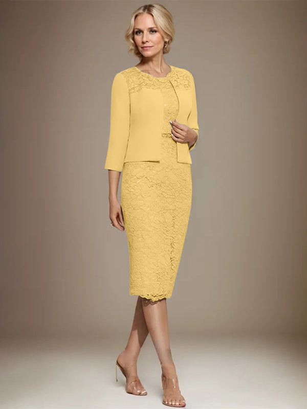 Vestido de novia de gasa con encaje, corte recto y escote redondo hasta la rodilla, con pedrería, para la madre de la novia. 