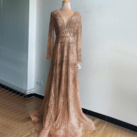 Robe de soirée luxueuse et sexy, col en V, coupe A-line dorée, manches longues, perles et cristaux, en solde, sans retour ni remboursement, 2025, LA70287L 