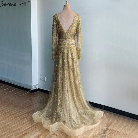 Robe de soirée luxueuse et sexy, col en V, coupe A-line dorée, manches longues, perles et cristaux, en solde, sans retour ni remboursement, 2025, LA70287L 