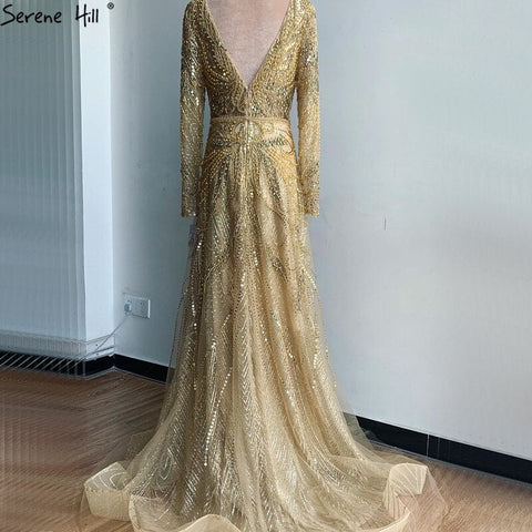 Robe de soirée luxueuse et sexy, col en V, coupe A-line dorée, manches longues, perles et cristaux, en solde, sans retour ni remboursement, 2025, LA70287L 