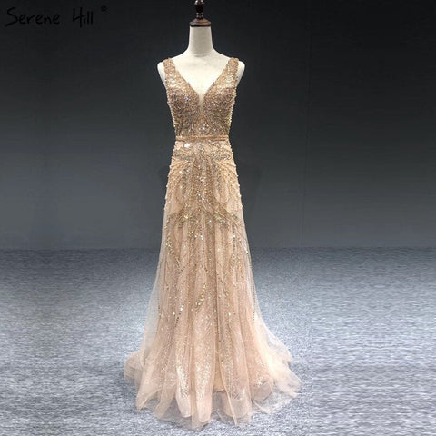Robe de soirée luxueuse et sexy, col en V, coupe A-line dorée, manches longues, perles et cristaux, en solde, sans retour ni remboursement, 2025, LA70287L 