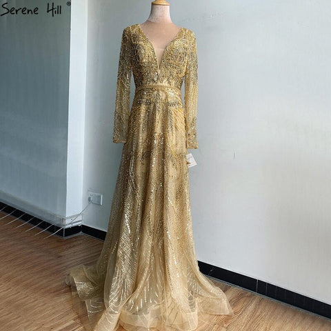 Robe de soirée luxueuse et sexy, col en V, coupe A-line dorée, manches longues, perles et cristaux, en solde, sans retour ni remboursement, 2025, LA70287L 