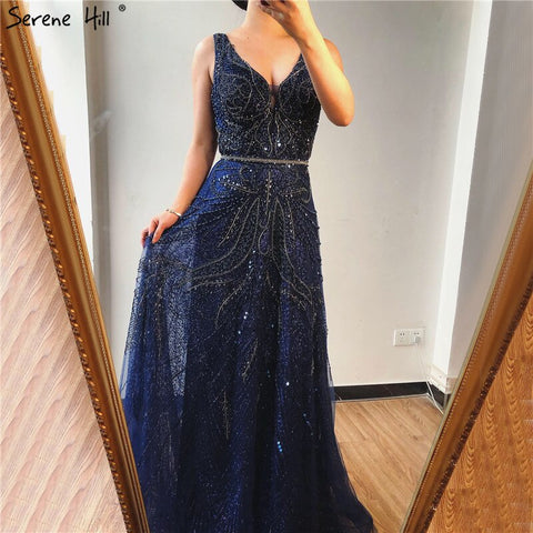 Robe de soirée luxueuse et sexy, col en V, coupe A-line dorée, manches longues, perles et cristaux, en solde, sans retour ni remboursement, 2025, LA70287L 