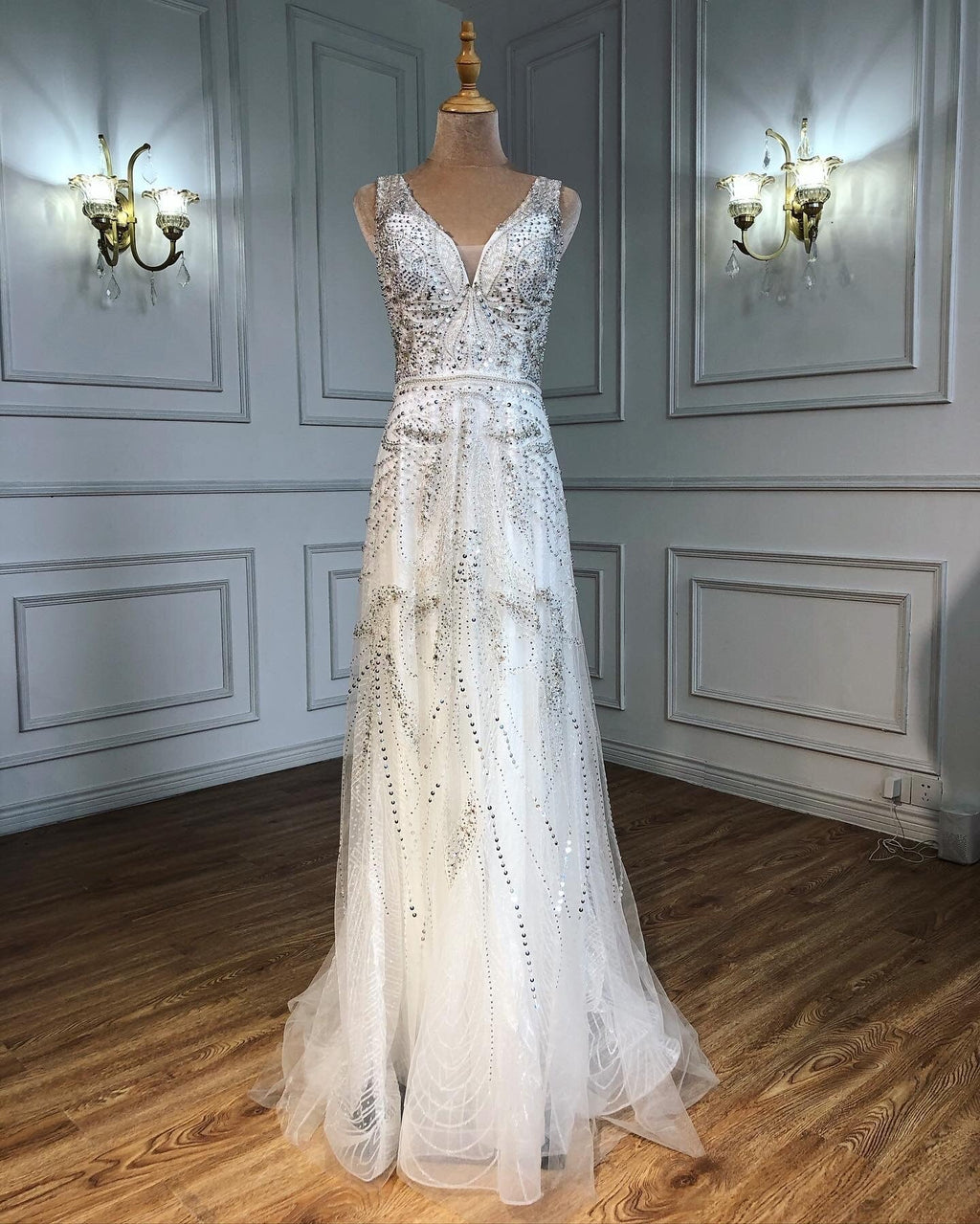 On Sale no return no refund Gold A-Line V-Neck Luxury Sexy Evening Dresses 2025 Pearls Crystal Long Sleeves Fromal Gown LA70287L