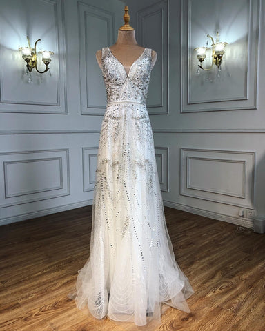 Robe de soirée luxueuse et sexy, col en V, coupe A-line dorée, manches longues, perles et cristaux, en solde, sans retour ni remboursement, 2025, LA70287L 